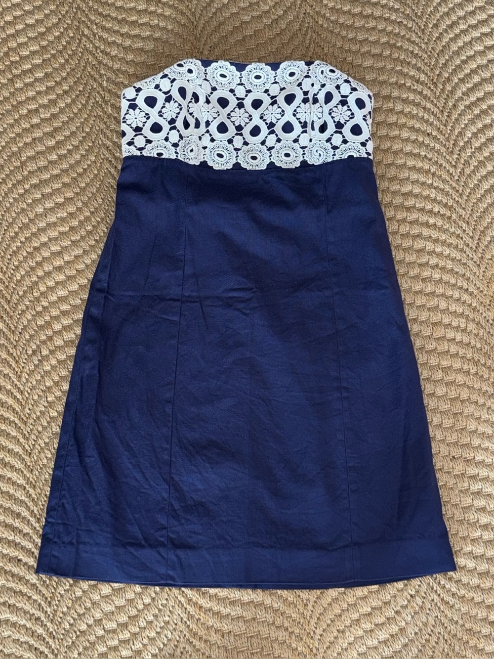Lilly Pulitzer 6 Strapless Navy Dress White Crochet Bodice Shift Dress